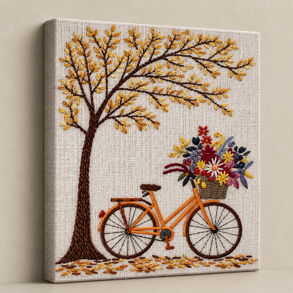 Autumn Bicycle Bloom — golden-leaved tree over an orange bicycle with a basket of flowers, 60 × 60 cm stretched canvas wall art