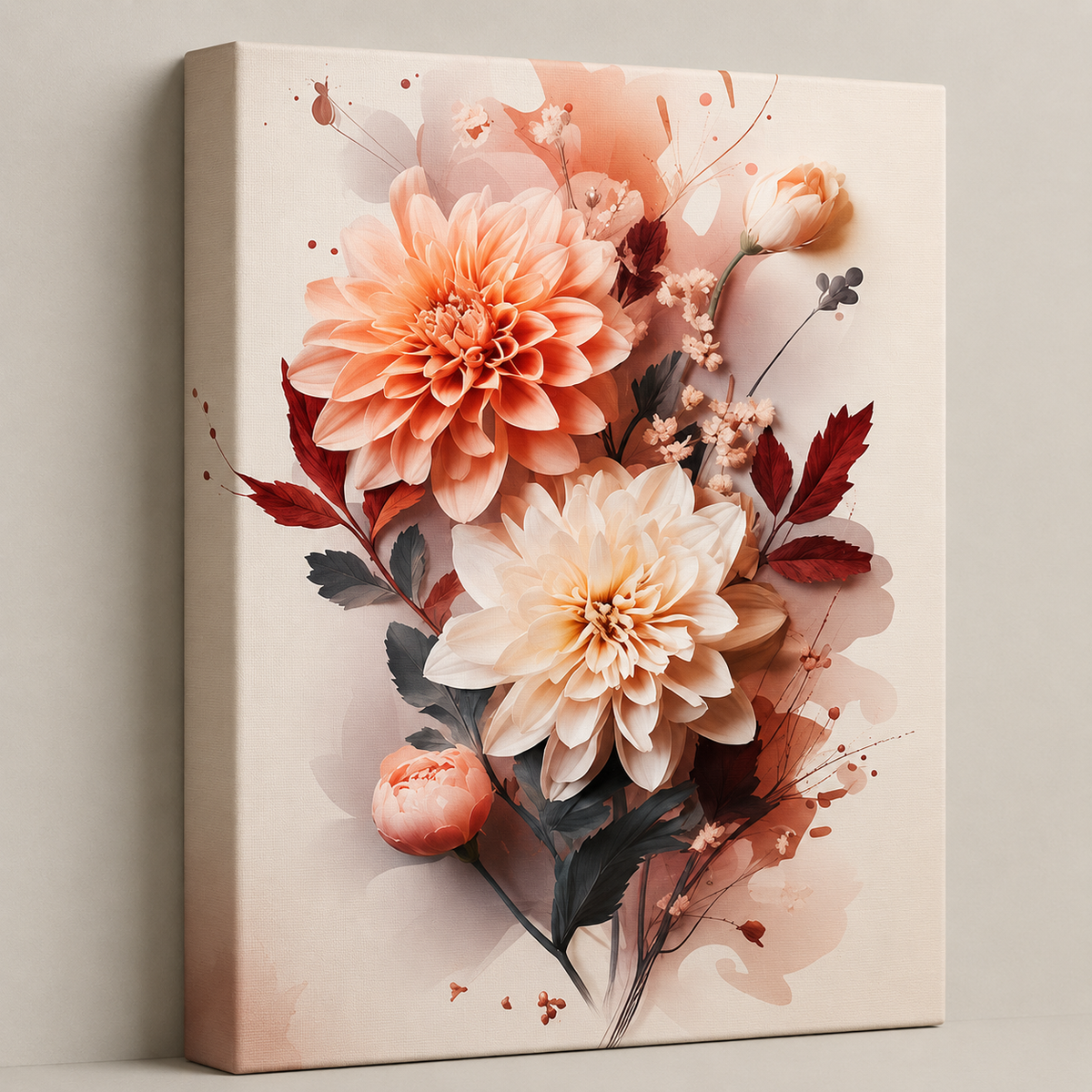 Blush Blossom Elegance — coral and cream dahlias with deep red foliage on a pale ground, 60 × 60 cm stretched canvas wall art