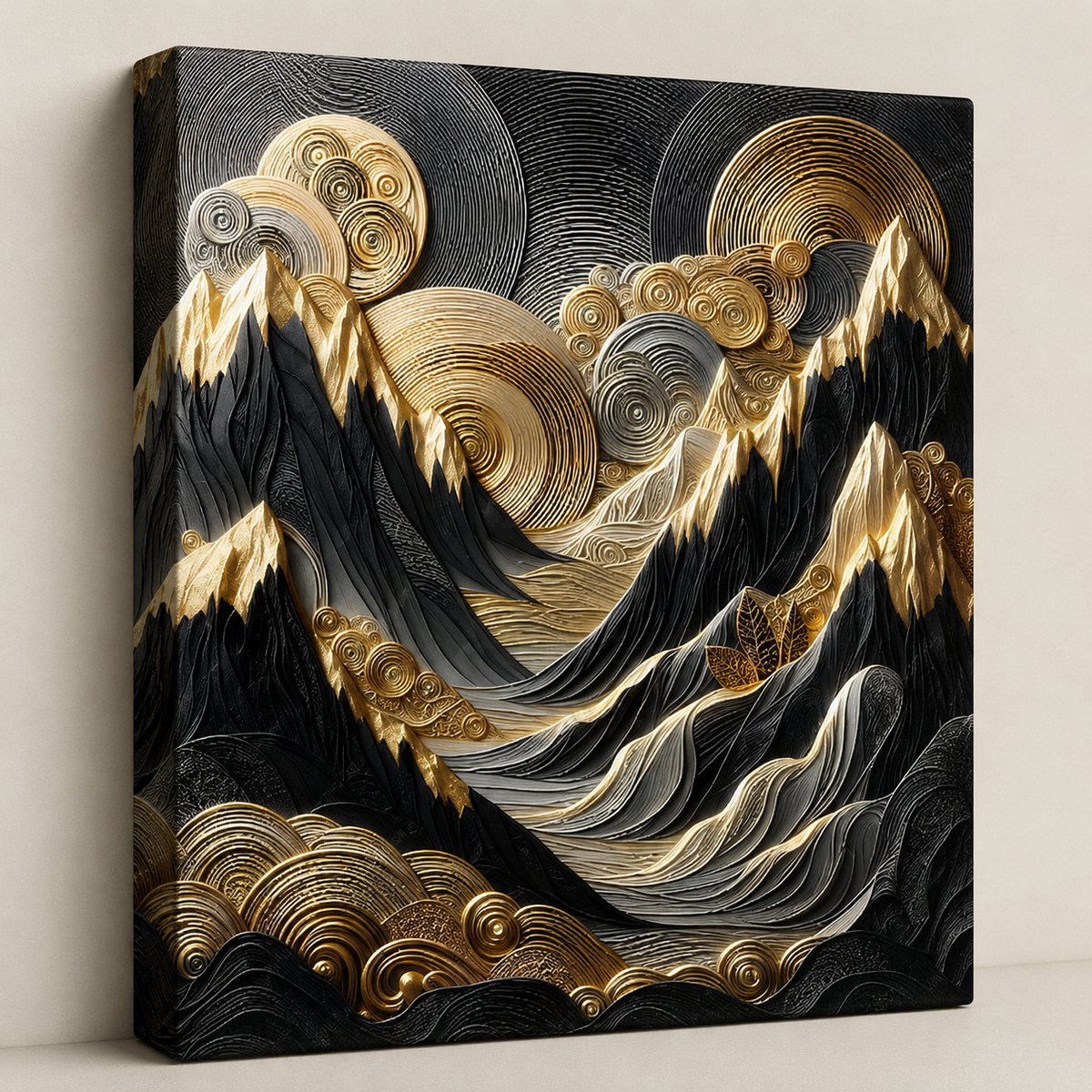 Celestial Golden Peaks — black and gold peaks beneath swirling gold cloudwork, 60 × 60 cm stretched canvas wall art