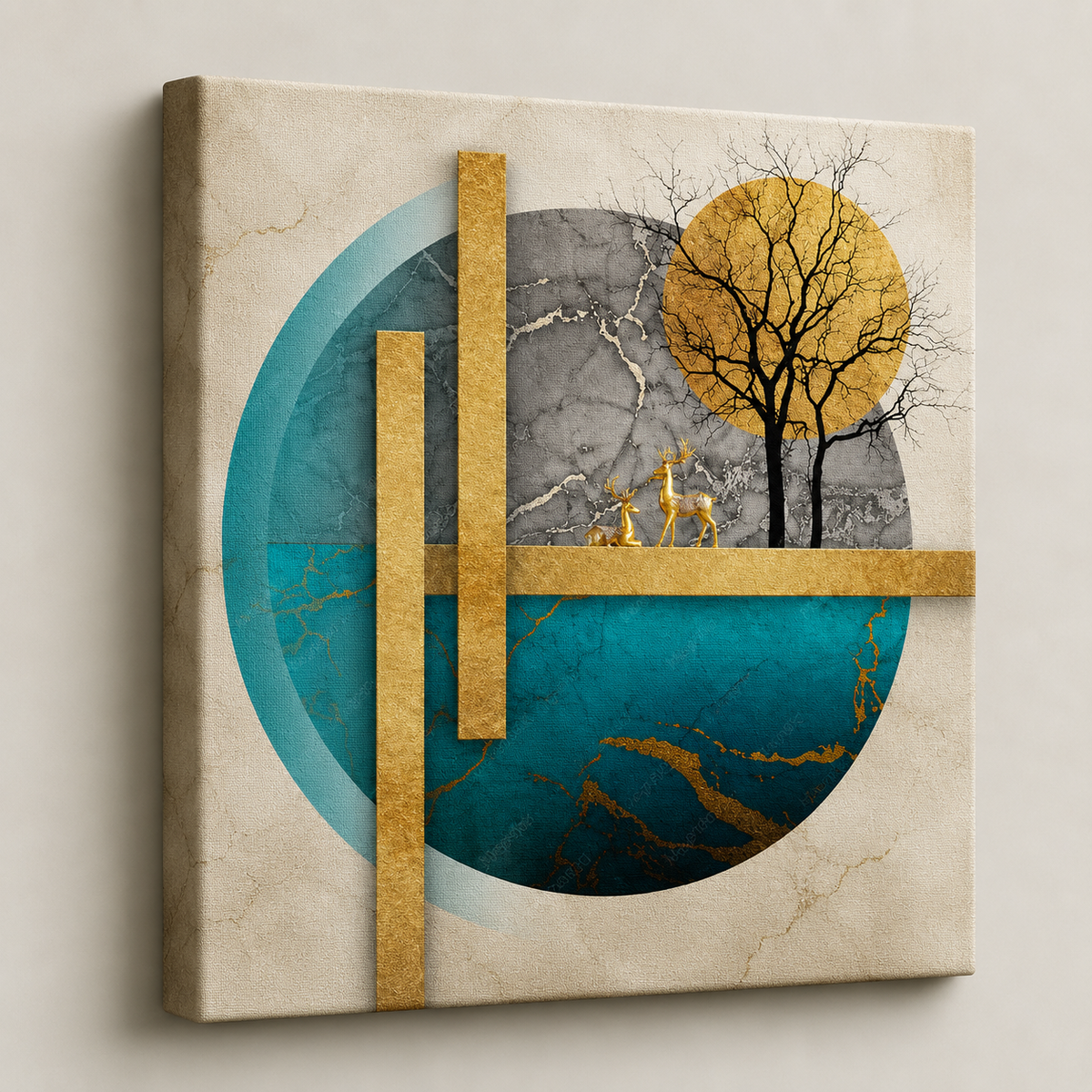 Golden Woodland Serenity — teal circle and gold geometric frame behind a bare tree and two golden deer, 60 × 60 cm stretched canvas wall art