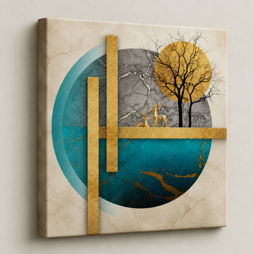 Golden Woodland Serenity — teal circle and gold geometric frame behind a bare tree and two golden deer, 60 × 60 cm stretched canvas wall art