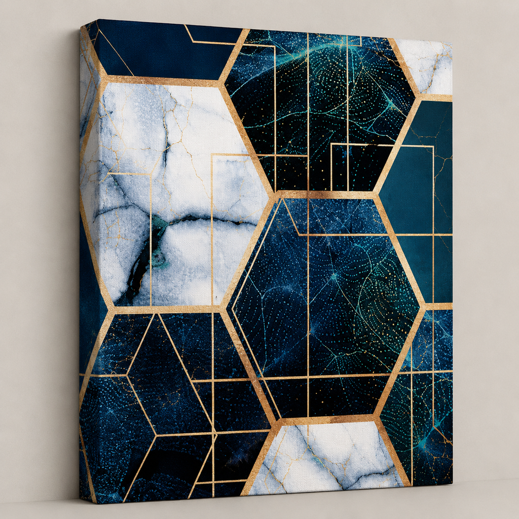 Marble Galaxy Fusion — deep blue and white marbled hexagons outlined in gold, 60 × 60 cm stretched canvas wall art