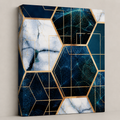 Marble Galaxy Fusion — deep blue and white marbled hexagons outlined in gold, 60 × 60 cm stretched canvas wall art