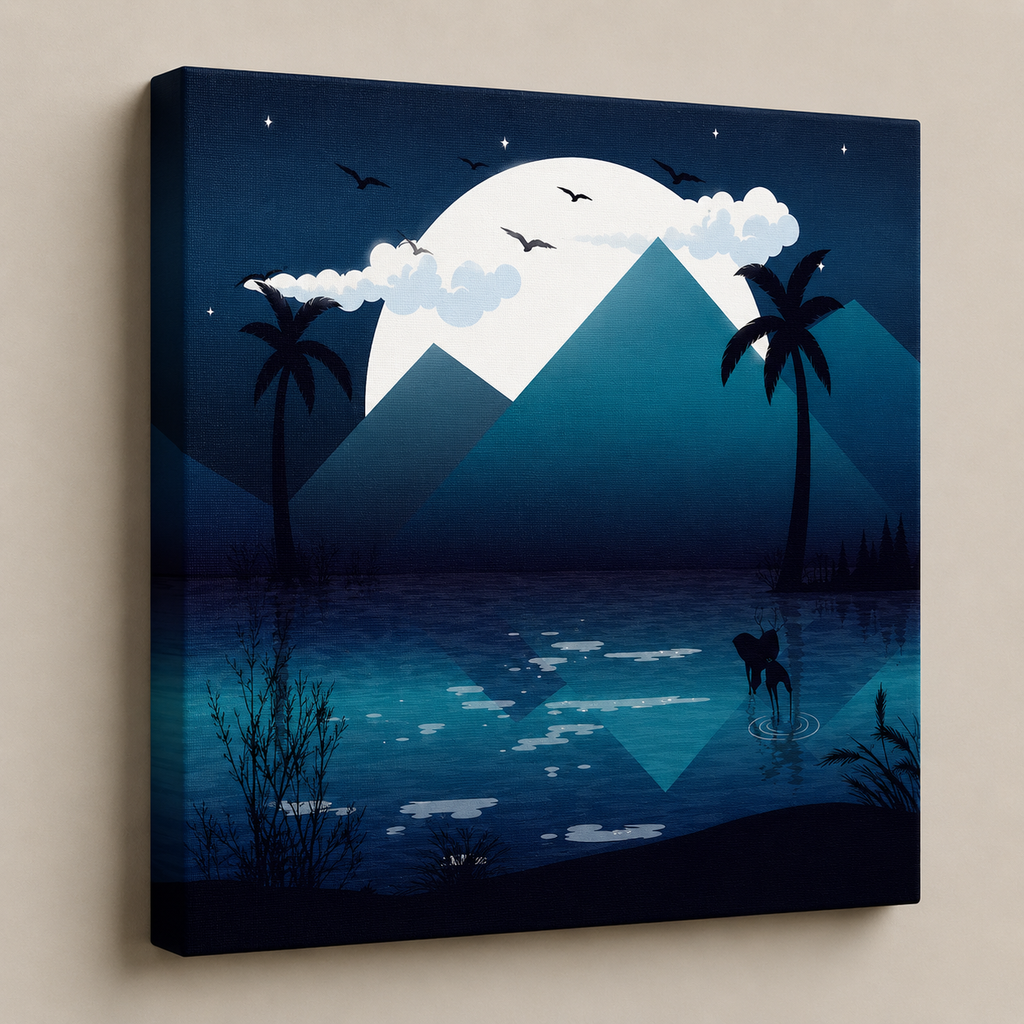 Moonlit Desert Serenity — full moon behind layered blue peaks reflected in still water between silhouetted palms, 60 × 60 cm stretched canvas wall art