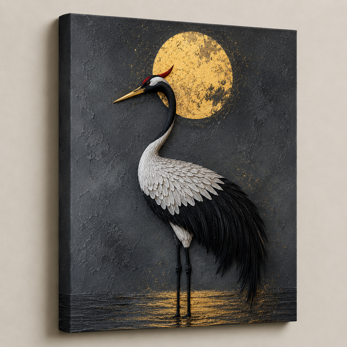 Oriental Lunar Elegance — crane standing in shallow water against a full gold moon, 60 × 60 cm stretched canvas wall art