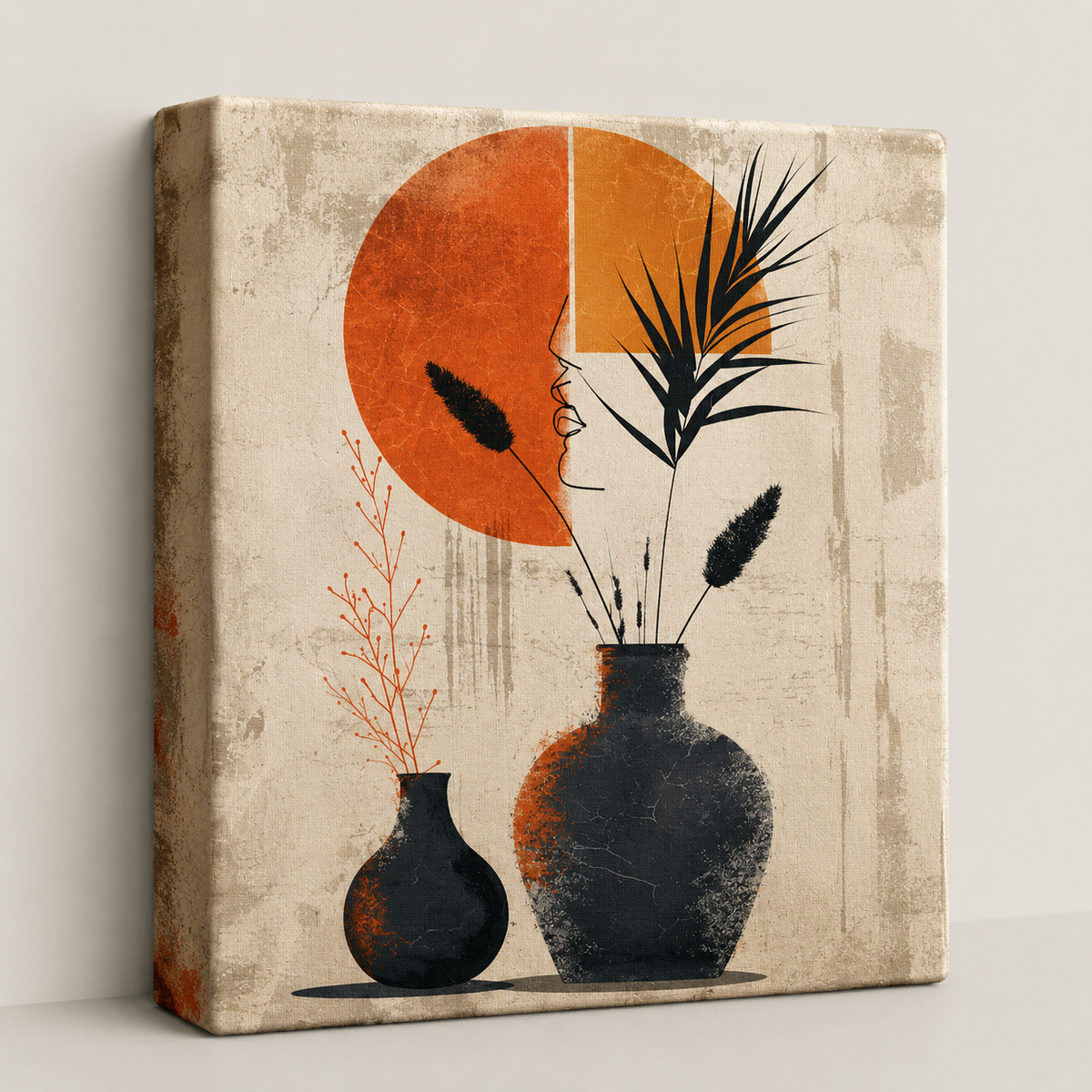Sunlit Botanical Forms — two dark vases and coral branches beneath a burnt orange sun disc, 60 × 60 cm stretched canvas wall art