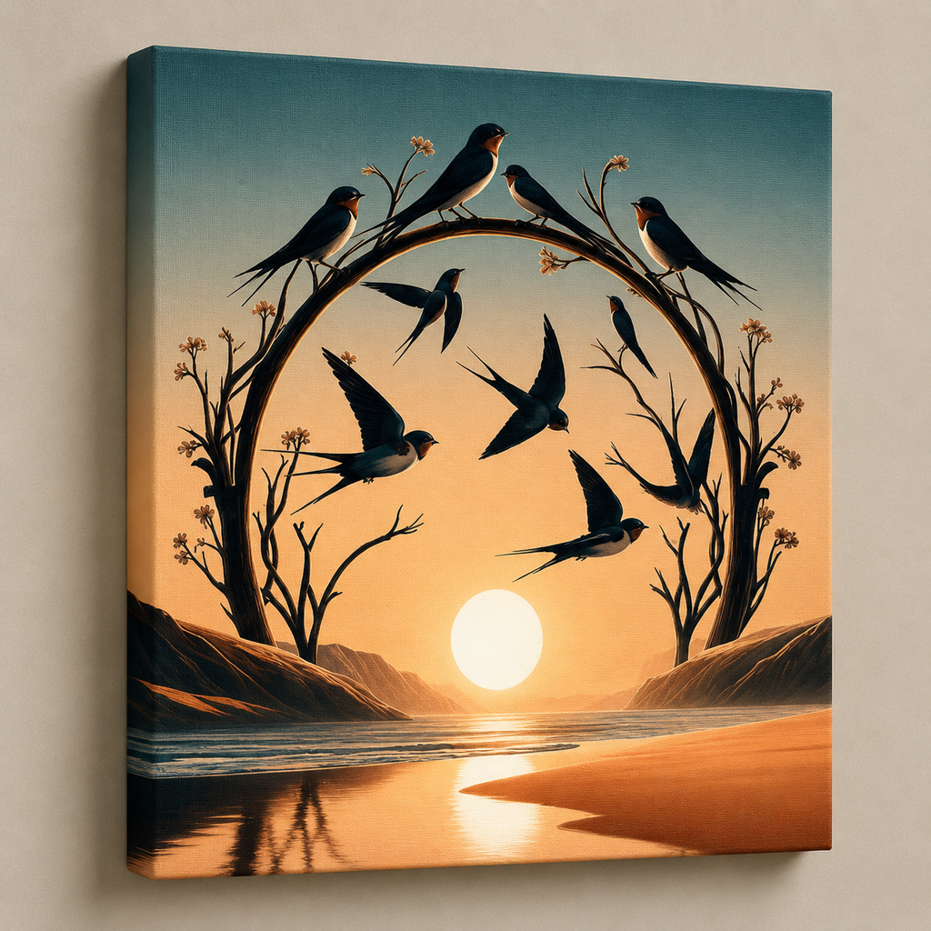 Sunset Wings Escape — birds in flight through an arch of blossom-tipped branches above a low sun, 60 × 60 cm stretched canvas wall art