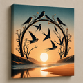 Sunset Wings Escape — birds in flight through an arch of blossom-tipped branches above a low sun, 60 × 60 cm stretched canvas wall art