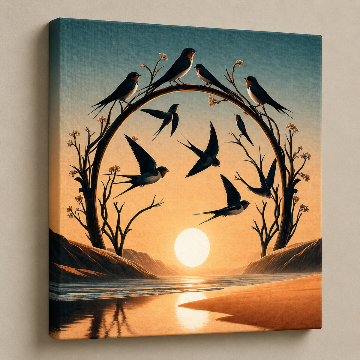 Sunset Wings Escape — birds in flight through an arch of blossom-tipped branches above a low sun, 60 × 60 cm stretched canvas wall art