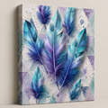 Tranquil Sky Feathers — blue and violet feathers layered over pale geometric facets, 60 × 60 cm stretched canvas wall art
