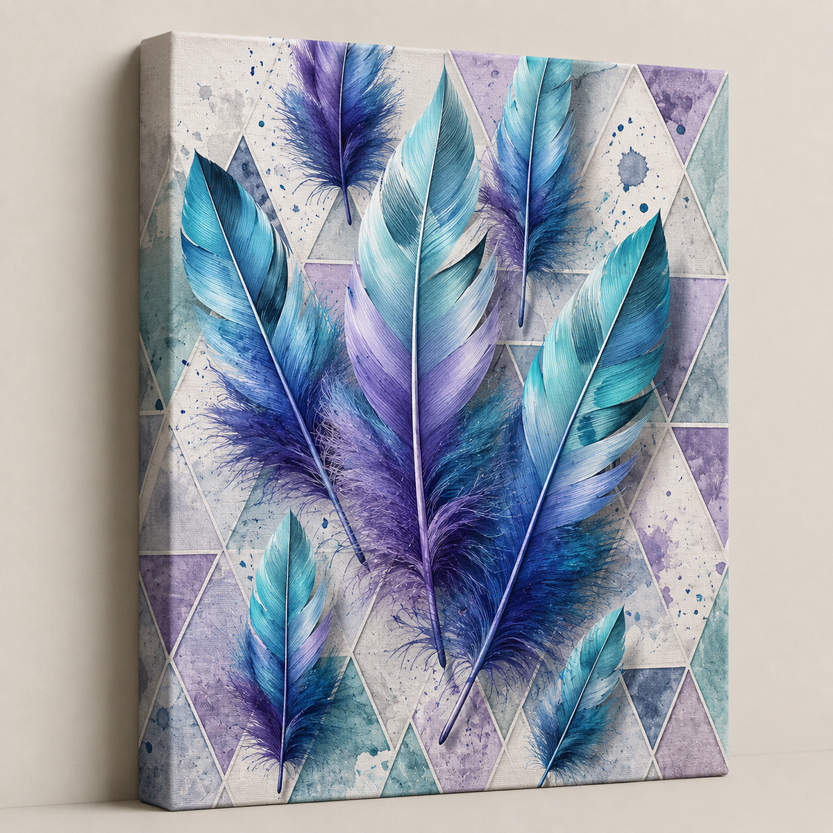 Tranquil Sky Feathers — blue and violet feathers layered over pale geometric facets, 60 × 60 cm stretched canvas wall art